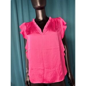 Philosophy Women Fuchsia Pink V Neck Ruffle Sleeve Blouse Top Size L